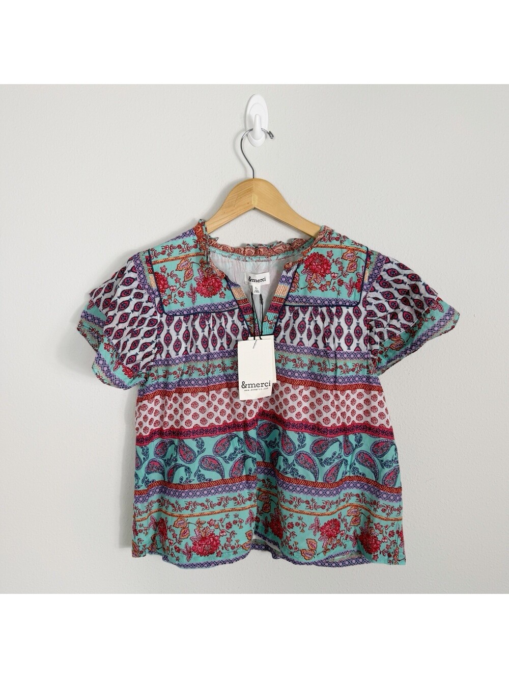 NWT &merci Women's Floral Paisley Patchwork Boho Blouse Short Sleeve Large